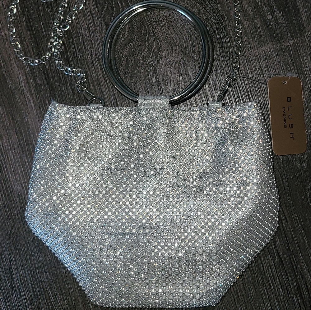 BLUSH EVENING GWENYTH SILVER MESH RHINESTONES WEDDING PARTY CLUTCH CROSSBODY BAG